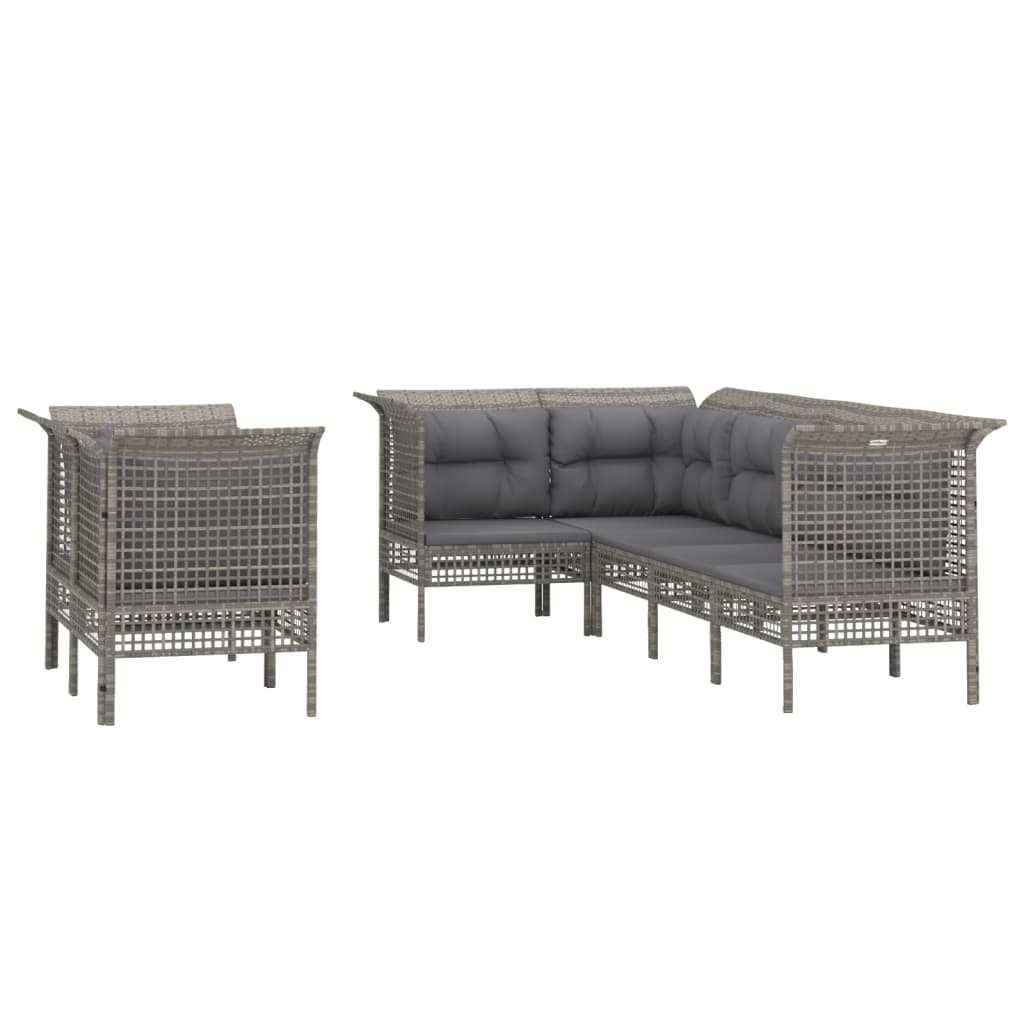 7-tlg. Garten-Lounge-Set mit Kissen Grau Poly Rattan