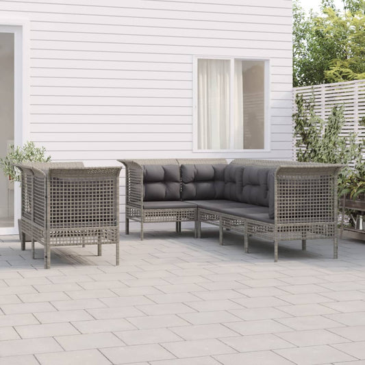 7-tlg. Garten-Lounge-Set mit Kissen Grau Poly Rattan