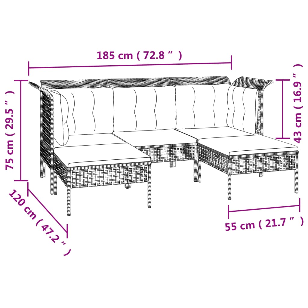 6-tlg. Garten-Lounge-Set mit Kissen Grau Poly Rattan