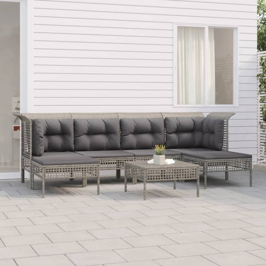 7-tlg. Garten-Lounge-Set mit Kissen Grau Poly Rattan