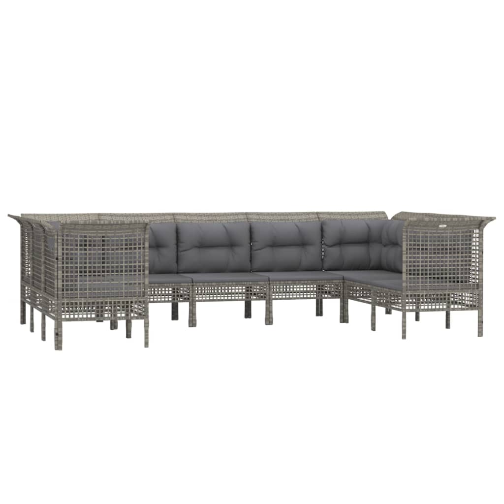 9-tlg. Garten-Lounge-Set mit Kissen Grau Poly Rattan