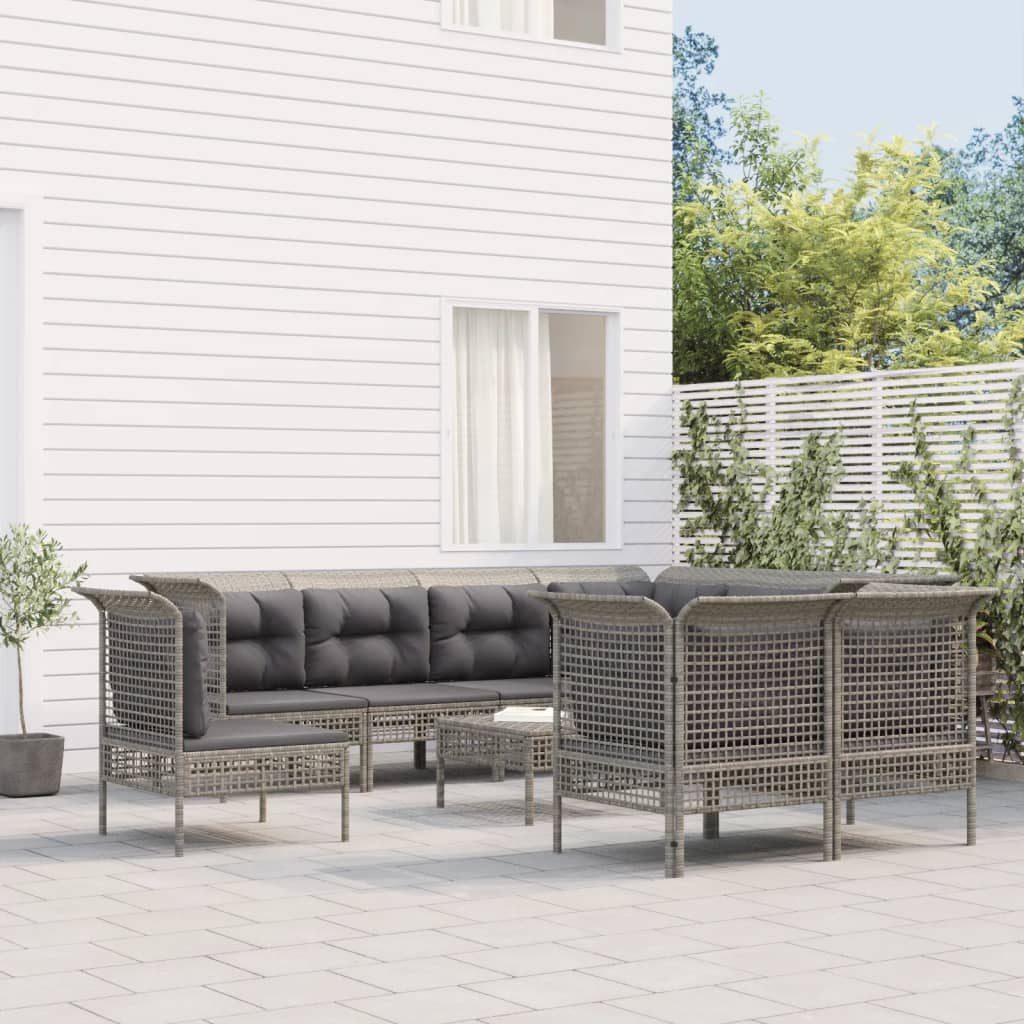 9-tlg. Garten-Lounge-Set mit Kissen Grau Poly Rattan