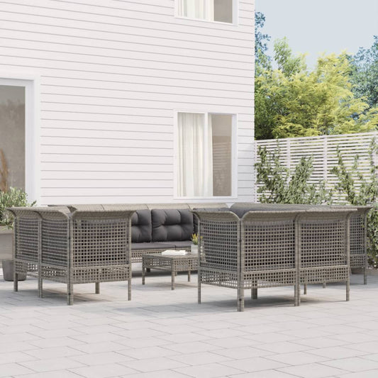 11-tlg. Garten-Lounge-Set mit Kissen Grau Poly Rattan