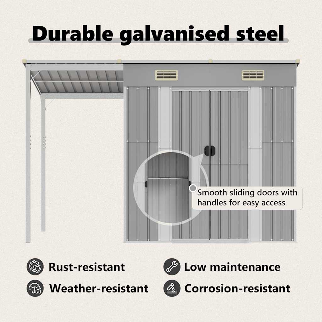 Gartenhaus mit verlängertem Dach Hellgrau 277 x 107 x 181 cm Stahl