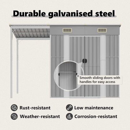 Gartenhaus mit verlängertem Dach Hellgrau 277 x 107 x 181 cm Stahl