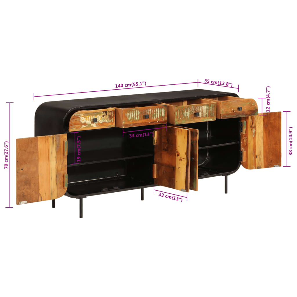 Sideboard 140x35x70 cm Altholz Massiv und Metall