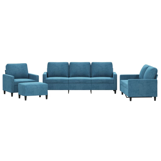 4-tlg. Sofagarnitur mit Kissen Blau Samt