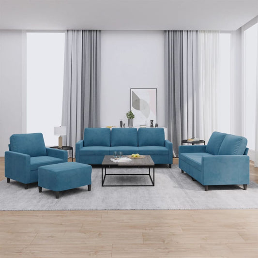 4-tlg. Sofagarnitur mit Kissen Blau Samt