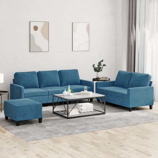 3-tlg. Sofagarnitur mit Kissen Blau Samt