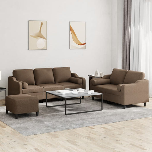 3-tlg. Sofagarnitur mit Kissen Braun Stoff