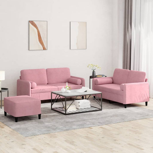 3-tlg. Sofagarnitur mit Kissen Rosa Samt