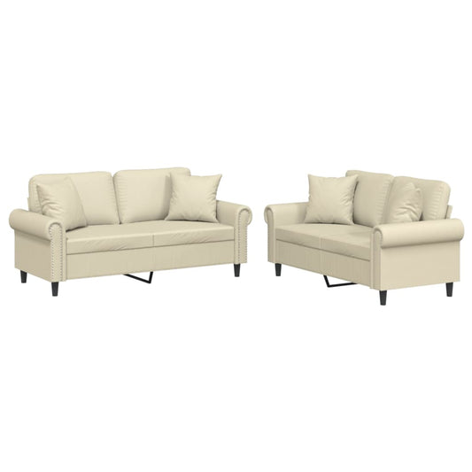 2-tlg. Sofagarnitur mit Kissen Creme Kunstleder
