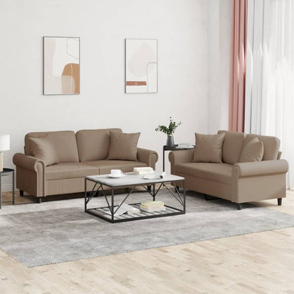 2-tlg. Sofagarnitur mit Kissen Cappuccino-Braun Kunstleder