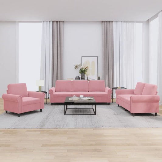 3-tlg. Sofagarnitur mit Kissen Rosa Samt