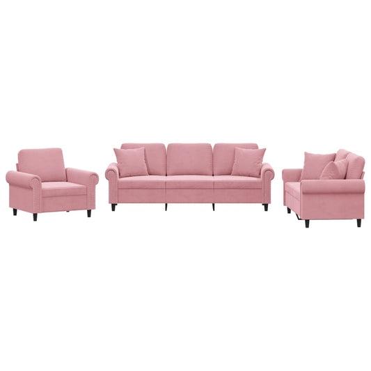 3-tlg. Sofagarnitur mit Kissen Rosa Samt