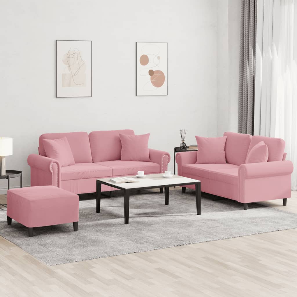 3-tlg. Sofagarnitur mit Kissen Rosa Samt