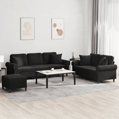 3-tlg. Sofagarnitur mit Kissen Schwarz Samt