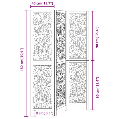 3-tlg. Paravent Schwarz Massivholz Paulownia