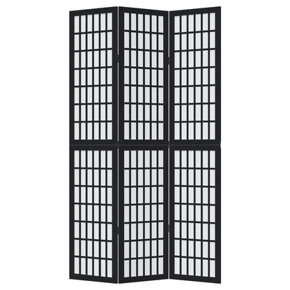 3-tlg. Paravent Schwarz Massivholz Paulownia