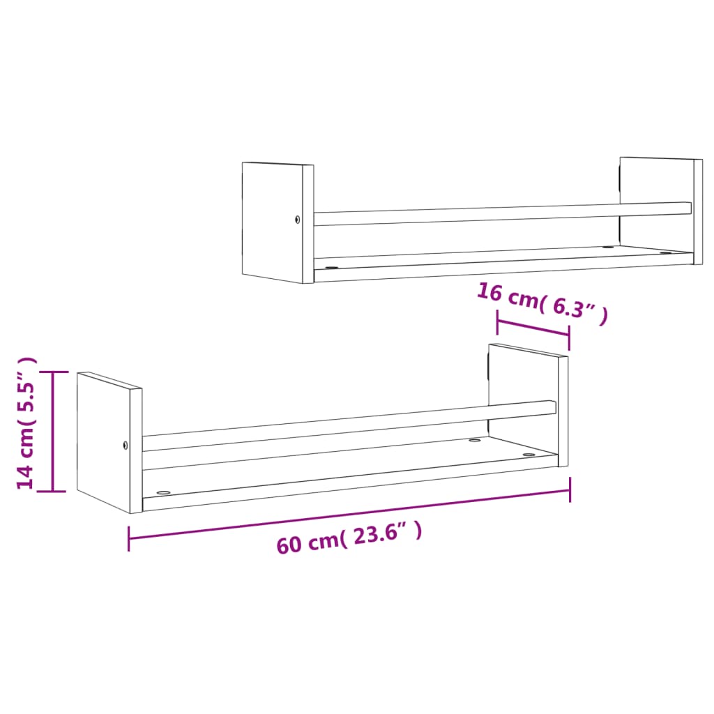 Wandregale mit Stangen 2 Stk. Grau Sonoma 60x16x14 cm