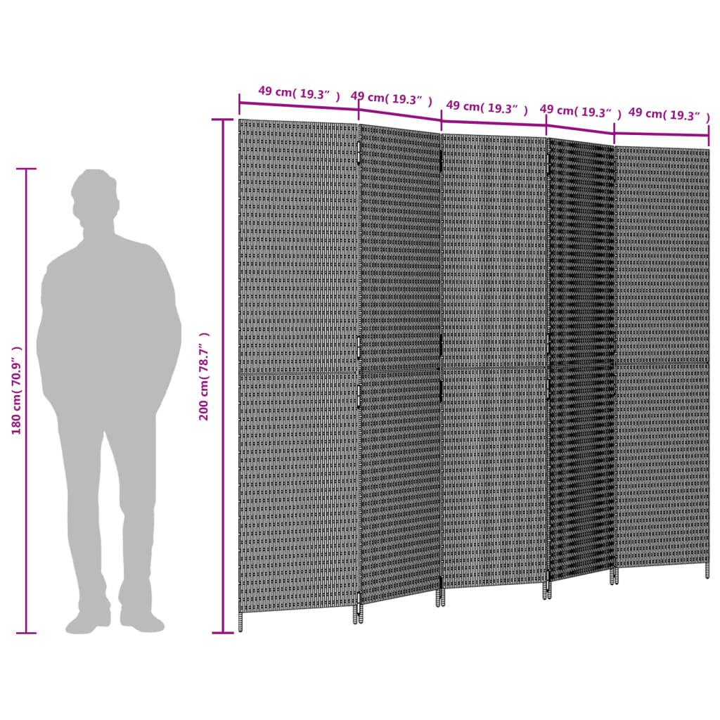 Paravent 5-tlg. Grau Poly Rattan