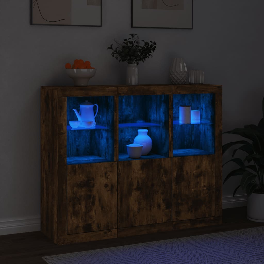 Sideboards mit LED-Leuchten 3 Stk. Räuchereiche Holzwerkstoff