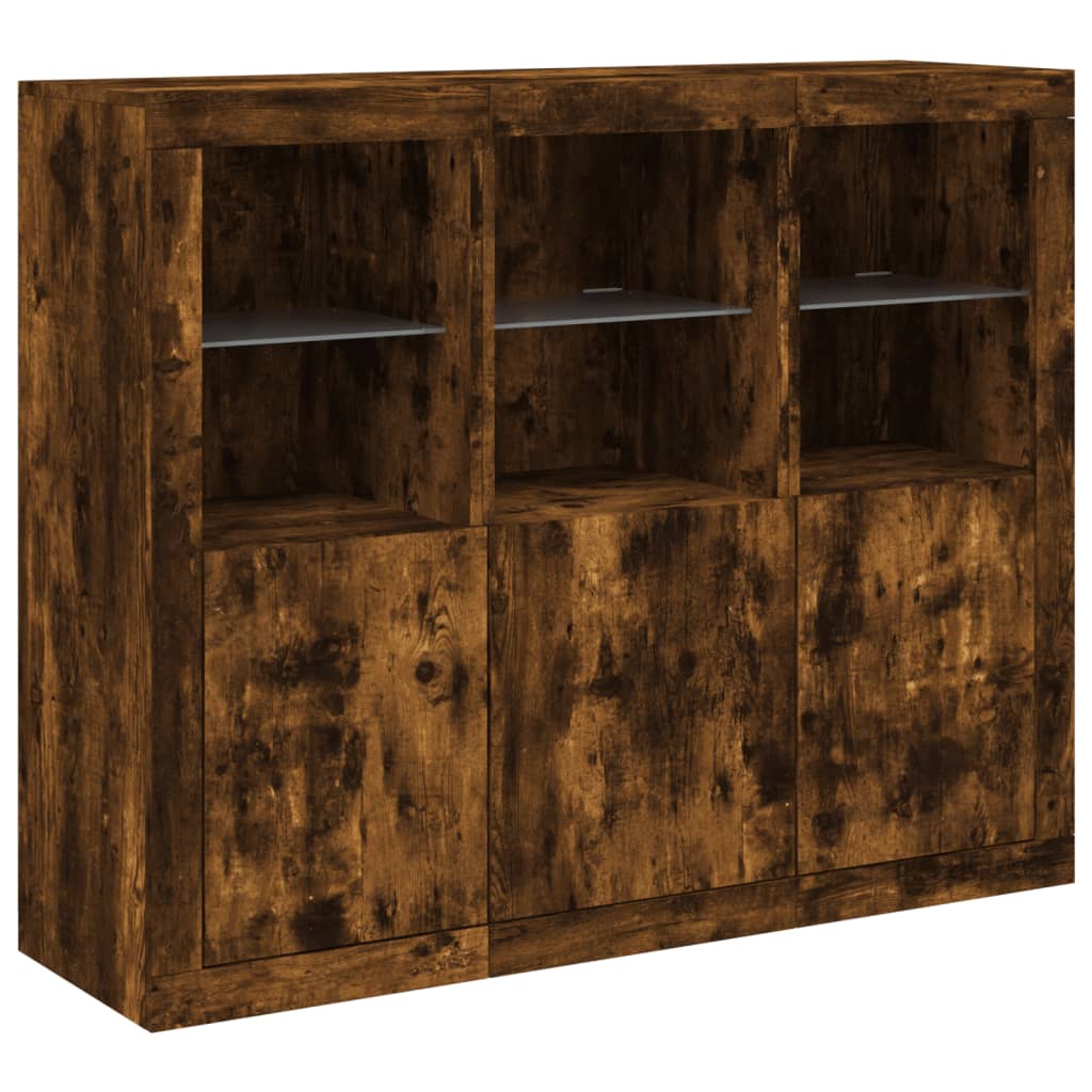 Sideboards mit LED-Leuchten 3 Stk. Räuchereiche Holzwerkstoff