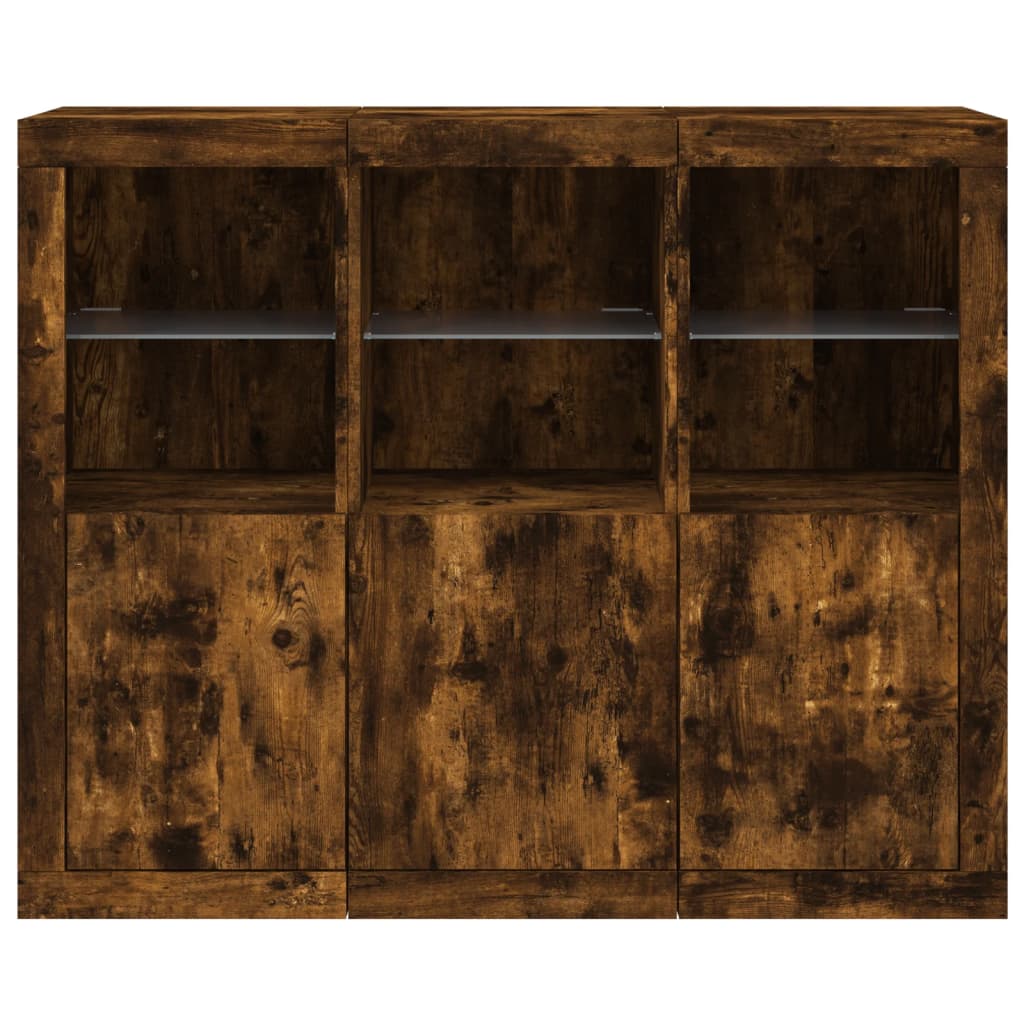 Sideboards mit LED-Leuchten 3 Stk. Räuchereiche Holzwerkstoff