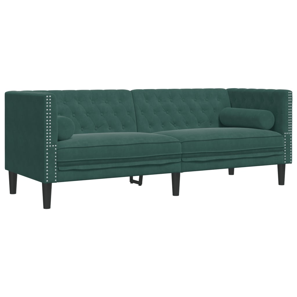 3-tlg. Chesterfield-Sofa-Set mit Nackenrollen Dunkelgrün Samt