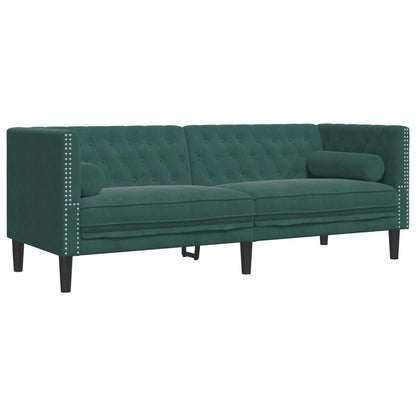 3-tlg. Chesterfield-Sofa-Set mit Nackenrollen Dunkelgrün Samt