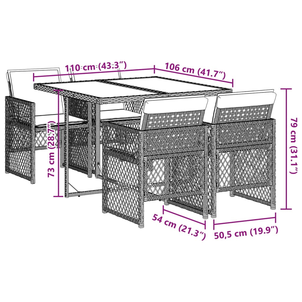 5-tlg. Garten-Essgruppe mit Kissen Schwarz Poly Rattan