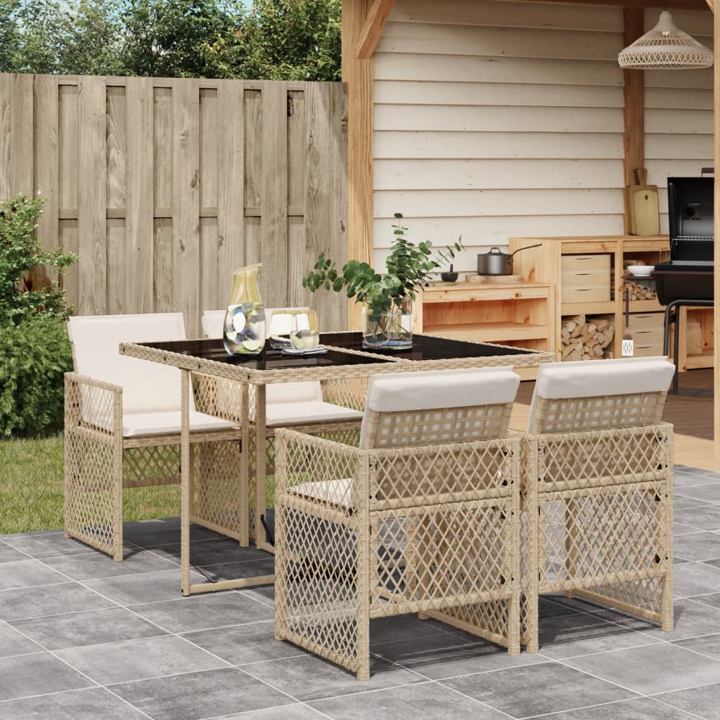 5-tlg. Garten-Essgruppe mit Kissen Beige Poly Rattan