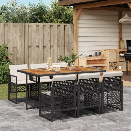 7-tlg. Garten-Essgruppe mit Kissen Schwarz Poly Rattan