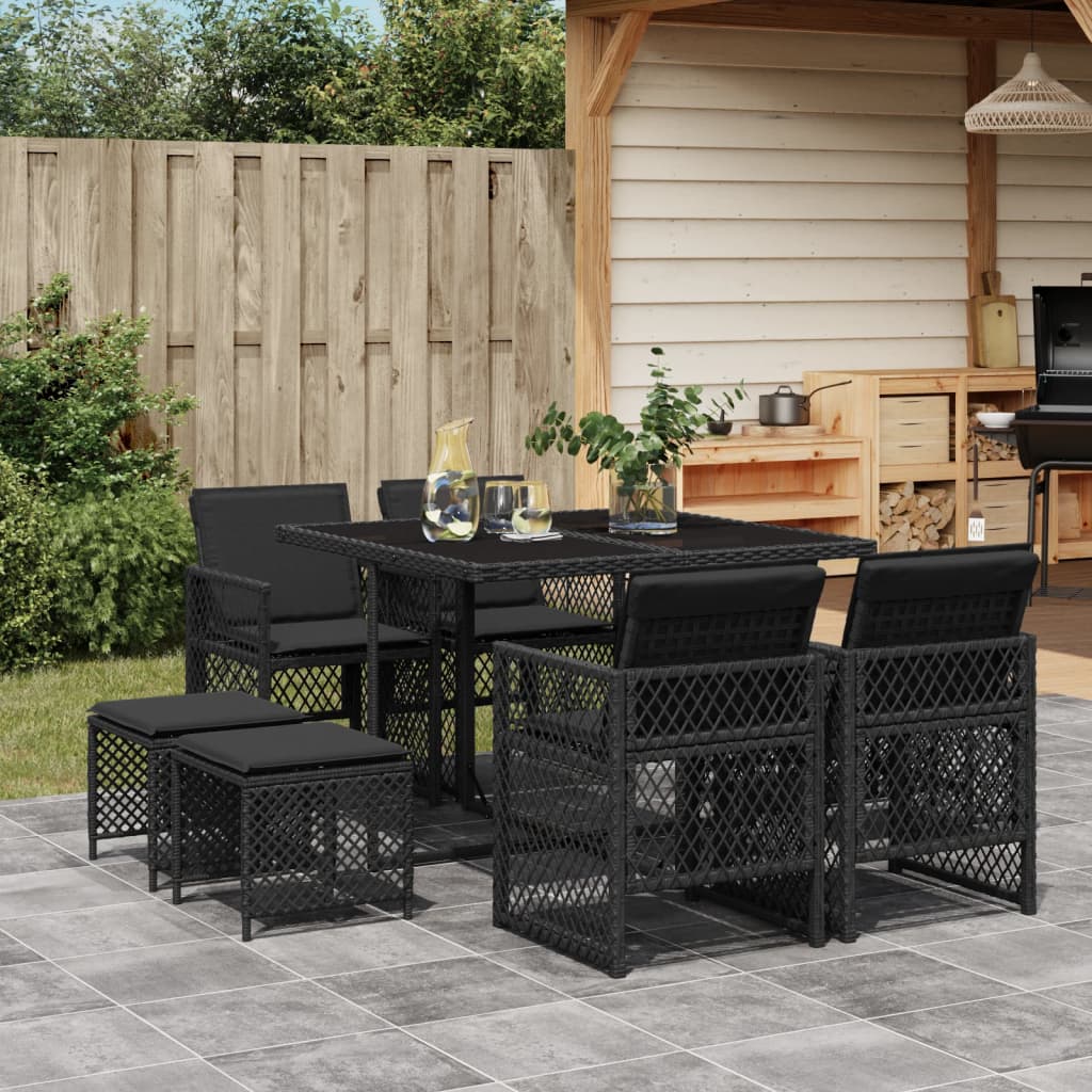 9-tlg. Garten-Essgruppe mit Kissen Schwarz Poly Rattan