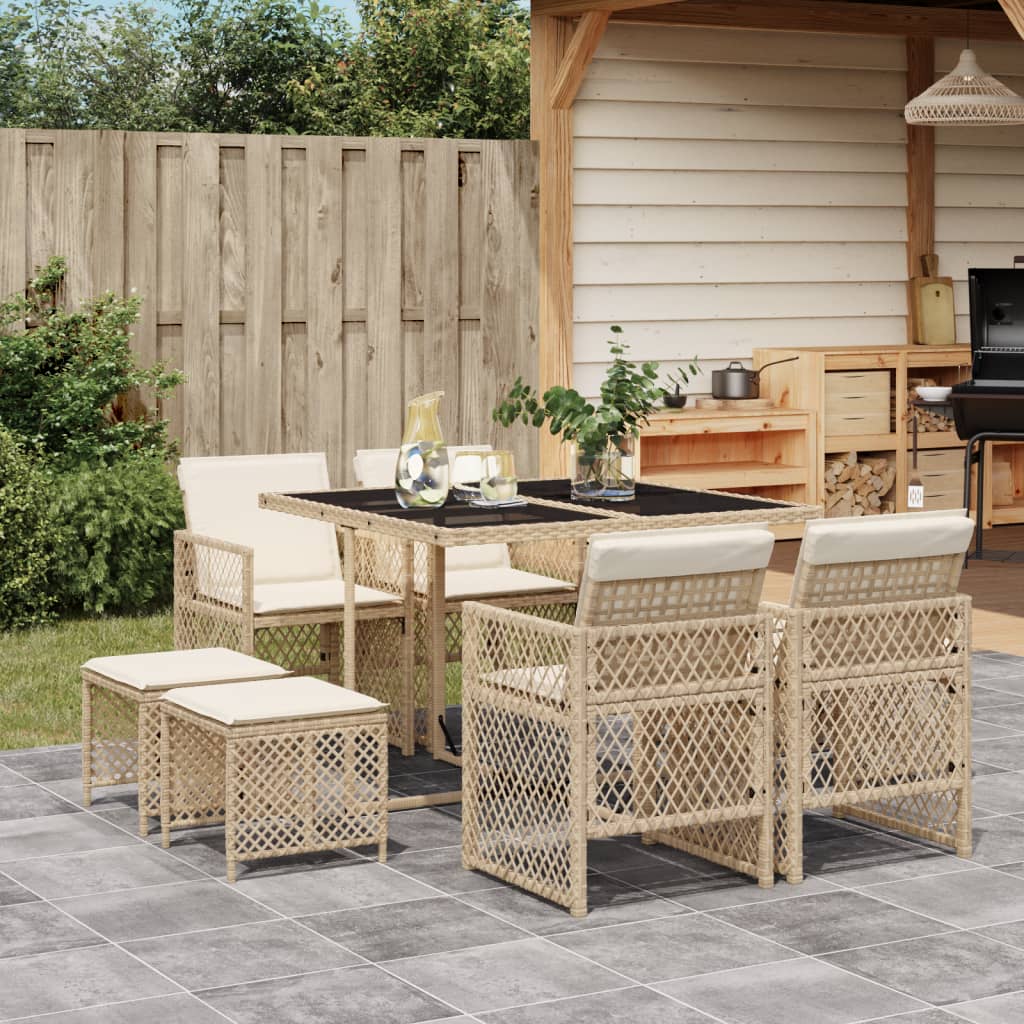 9-tlg. Garten-Essgruppe mit Kissen Beige Poly Rattan