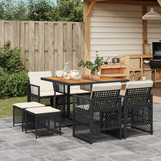 9-tlg. Garten-Essgruppe mit Kissen Schwarz Poly Rattan