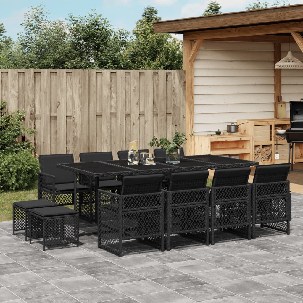 13-tlg. Garten-Essgruppe mit Kissen Schwarz Poly Rattan