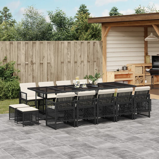 15-tlg. Garten-Essgruppe mit Kissen Schwarz Poly Rattan