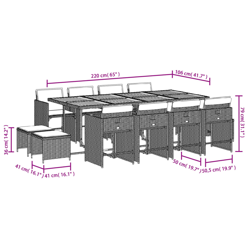 13-tlg. Garten-Essgruppe mit Kissen Schwarz Poly Rattan