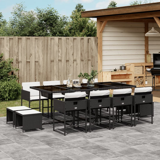 13-tlg. Garten-Essgruppe mit Kissen Schwarz Poly Rattan