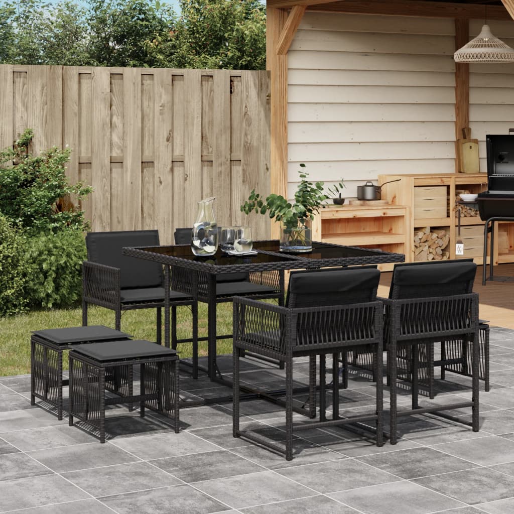 9-tlg. Garten-Essgruppe mit Kissen Schwarz Poly Rattan