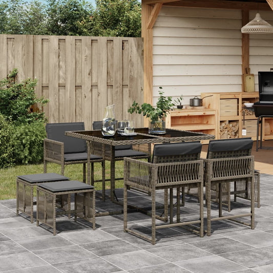 9-tlg. Garten-Essgruppe mit Kissen Grau Poly Rattan