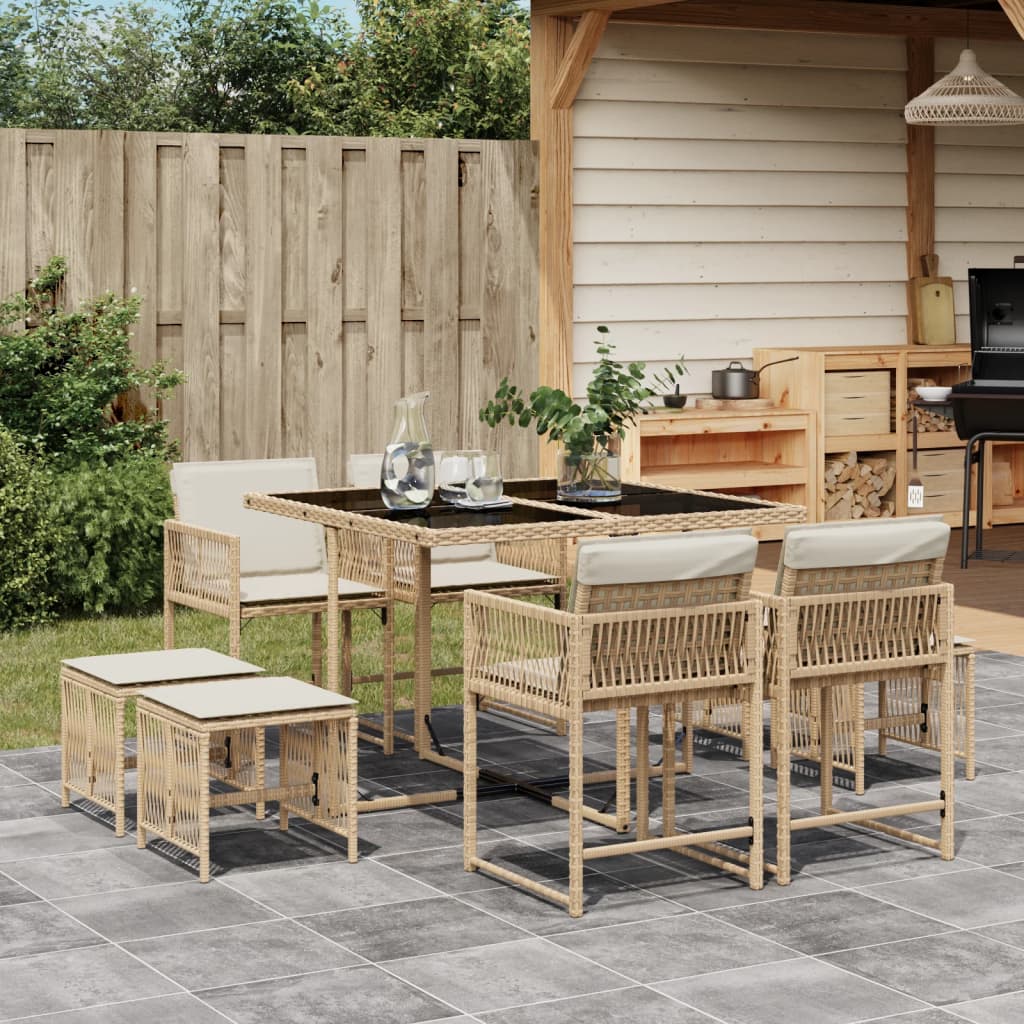 9-tlg. Garten-Essgruppe mit Kissen Beige Poly Rattan