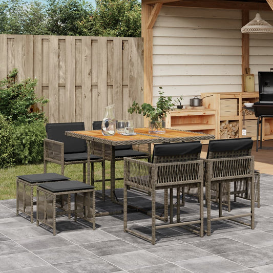 9-tlg. Garten-Essgruppe mit Kissen Grau Poly Rattan