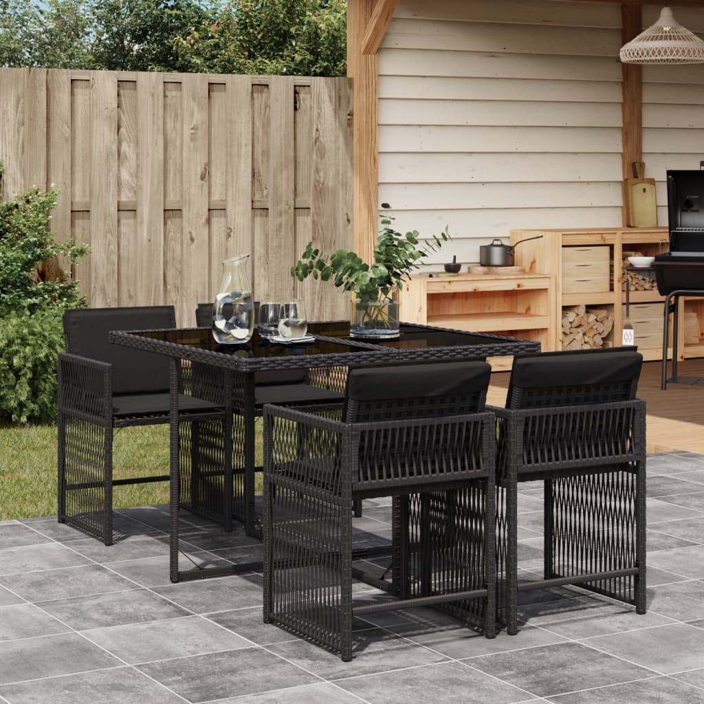 5-tlg. Garten-Essgruppe mit Kissen Schwarz Poly Rattan