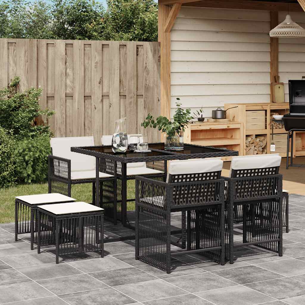 9-tlg. Garten-Essgruppe mit Kissen Schwarz Poly Rattan