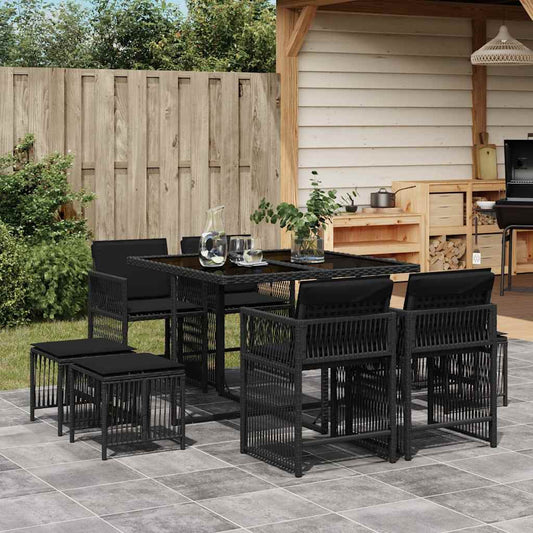 9-tlg. Garten-Essgruppe mit Kissen Schwarz Poly Rattan