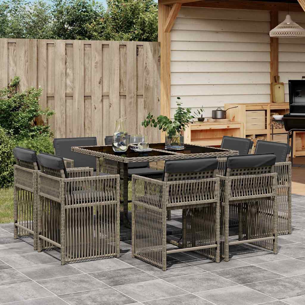 9-tlg. Garten-Essgruppe mit Kissen Grau Poly Rattan