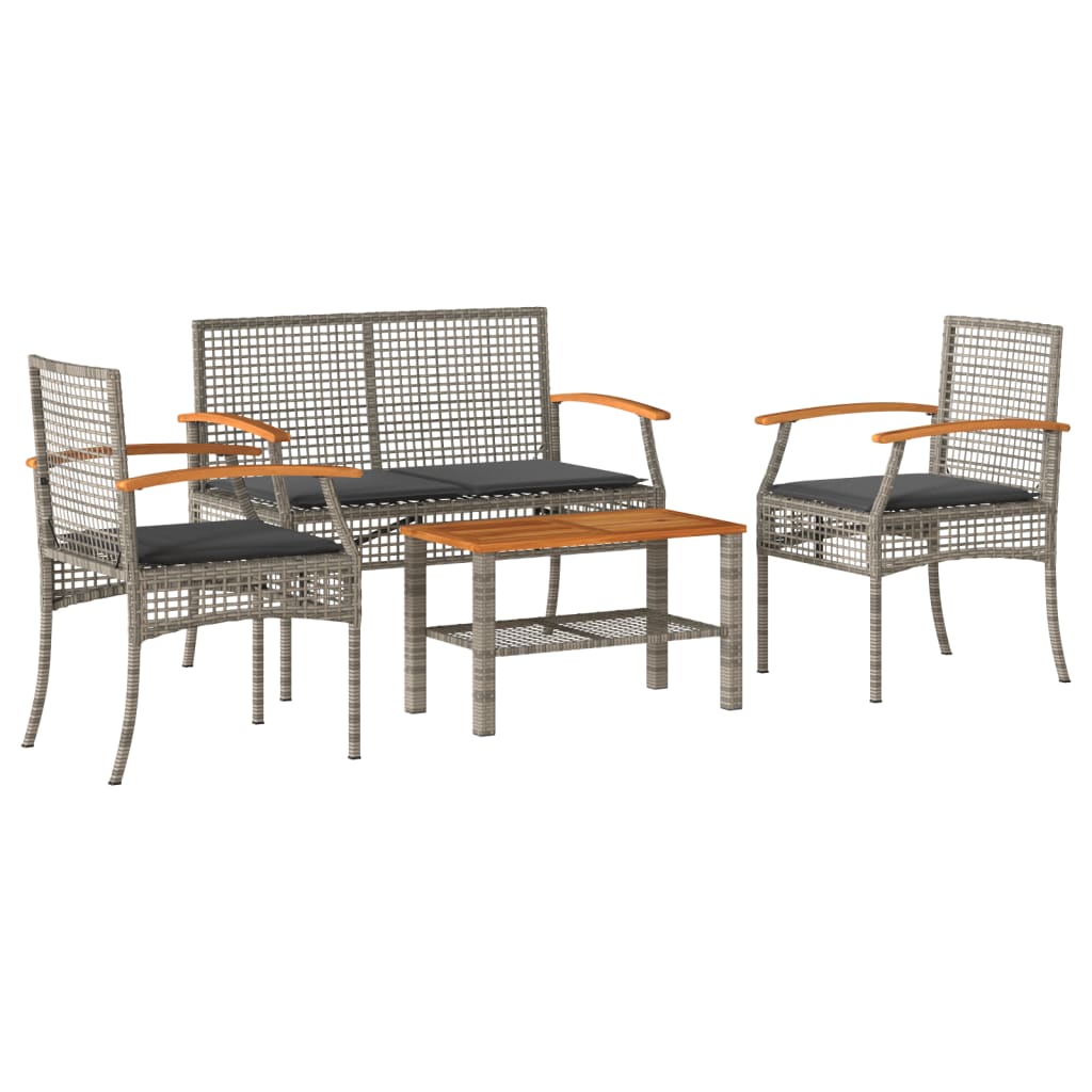 4-tlg. Garten-Lounge-Set mit Kissen Grau Poly Rattan