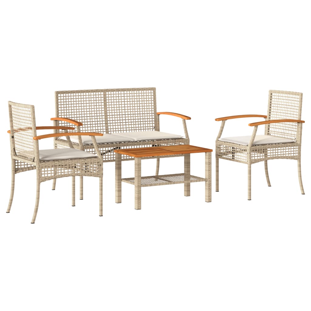 4-tlg. Garten-Lounge-Set mit Kissen Beige Poly Rattan